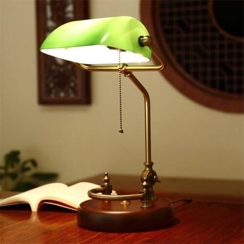 American Retro Green Solid Wood Table Lamps Study Table Work Reading Bank Rocker Table Lights Bedroom Living Room Fixtures