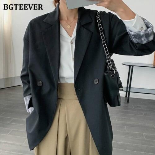 BGTEEVER Spring Double Button Women Suit Jackets Plaid Patchwork Female Long Blazer 2021 Casual Full Sleeve Loose Ladies Coats