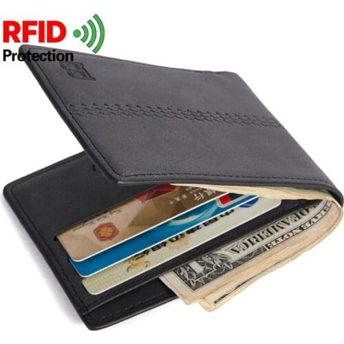 Mens PU Leather Wallet RFID Blocking Male Short Thin Wallets for US Dollar Cash Leisure Bi-Fold Photo Card Holder Coin Pounch