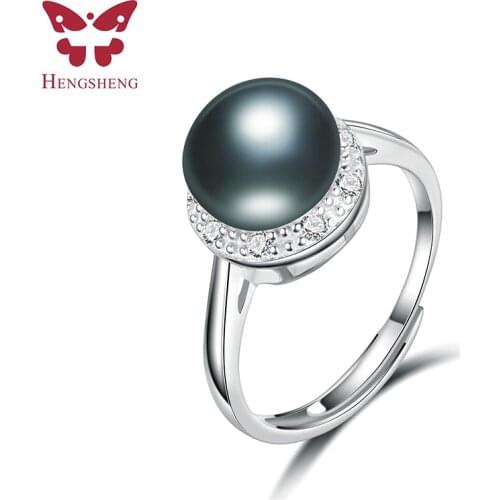 HENGSHENG Natural Black Pearl Ring,Zircon Silver Ring, 925 Sterling Silver Women Ring,White/Pink/Purple/Gold Freshwater Pearl