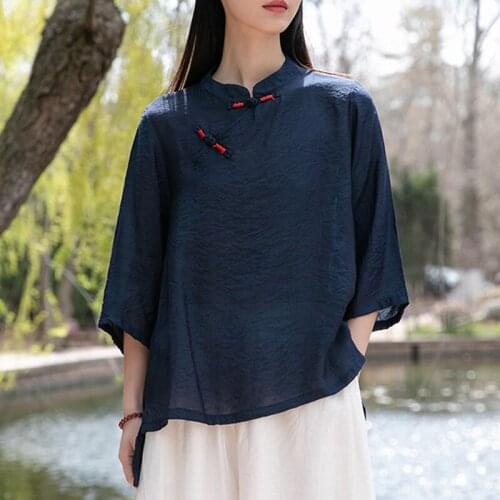 Johnature Women Chinese Style Shirts And Tops Stand Long Sleeve Button 2021 Summer New Solid Color Blouses Loose Shirts