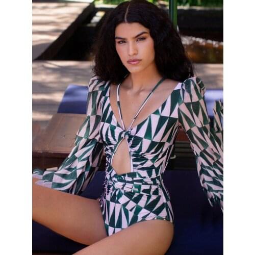 V neck swimsuit one piece 2020 Print swimwear women Hollow out bodysuits monokini Long sleeve bathing suit Plus size