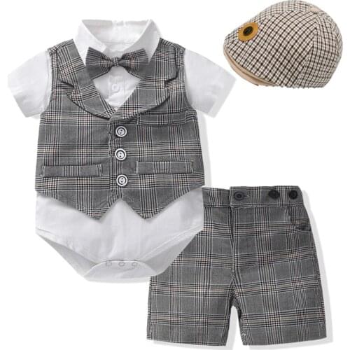 Summer Clothes Baby Boys Cotton Short Suit Fashion Plaid Vest Romper Outfits 5 PCS/Set Children Party Birthday Dresses Newborn