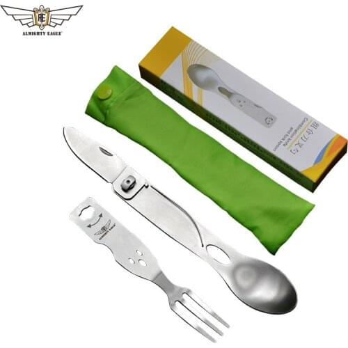 ALMIGHTY EAGLE Multifunction tableware portable tools Pocket Knife Spoon Fork Dinner Set Camping outdoor wine openner