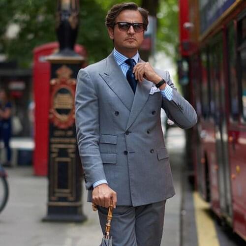 ANNIEBRITNEY Double Breasted Grey 2 Piece Slim Men Formal Suit 2020 Groom Wedding Tuxedo Custom Prom Wedding Business Men Suit