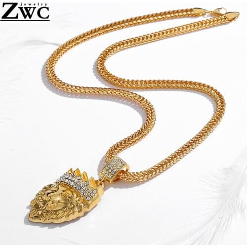 ZWC New Charm Fashion Crown Lion Pendant Necklace For Women Men Wedding Party Upscale Romantic Crystal Inlay Necklace Jewelry