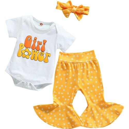 Newborn Baby Girls 3Pcs Clothes Set Short Sleeve Letter Bodysuits Daisy Flare Pants Headband Summer Outfits