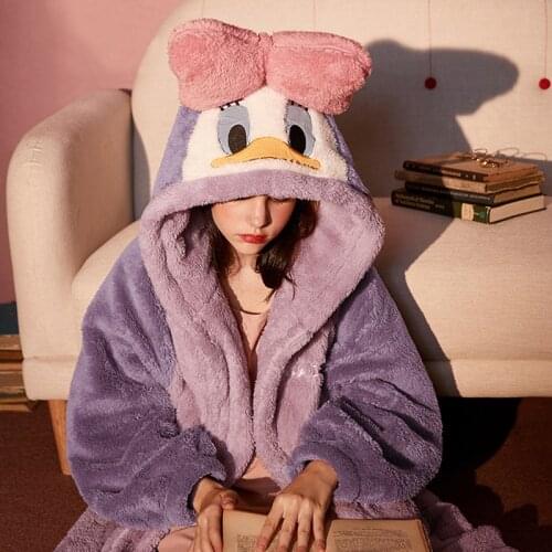 2020 Autumn Winter Women Hooded Nightgown Bathrobe Cape Robe Cartoon Cute Duck Warm Plush Coral Fleece Pajamas Cloak Overcoat