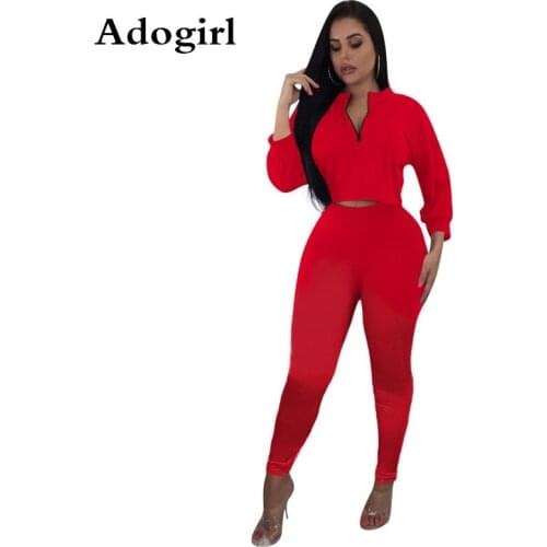 Adogirl Autumn Sporty Solid Womens 2 Piece Set Long Sleeve Zipper Sweatshirts Crop Top+ Pencil Pants Female Fashion Tracksuit