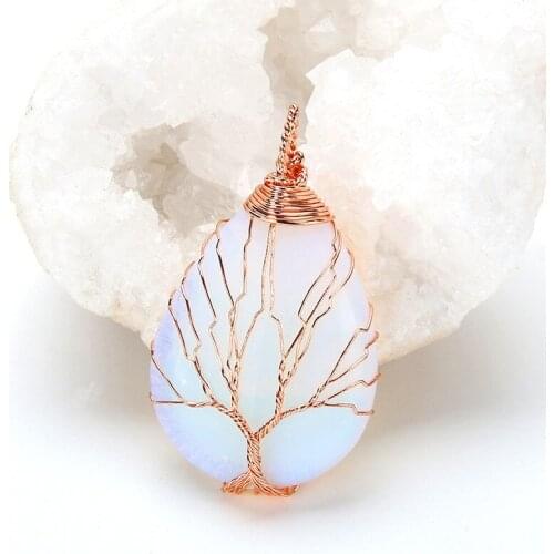 Natural Stone Tree of Life Wrapped Drop Pendant necklace for women Quartz crystal Opal Handmade Rose Gold Color pendant jewelry