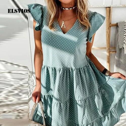 Summer Polka Dot Print Pleated A-Line Dress Women Sexy V Neck Butterfly Sleeve Party Dress Elegant Casual Beach Dresses Vestidos