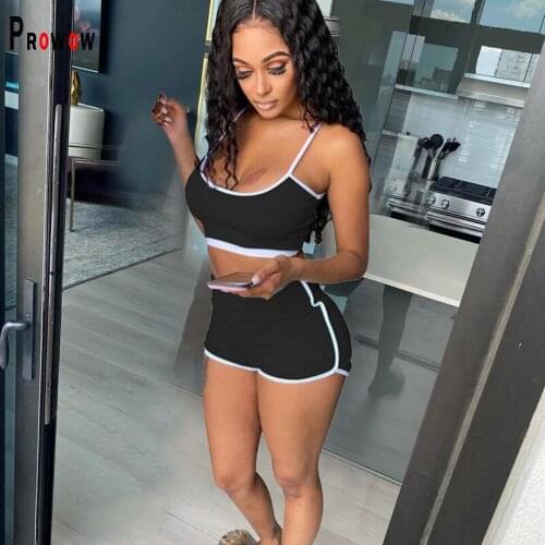Prowow Summer Women Tracksuits Fashion Ribbed Sexy Fitness Jogging Outfits Corset Tank Tops Shorts Two Piece Sport Suits