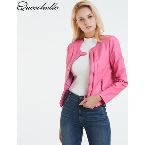Queechalle 2021 Spring Autumn Jacket Women Faux Soft Leather Jacket Long Sleeve Motorcycle Biker Coat Female Zipper PU Jacket