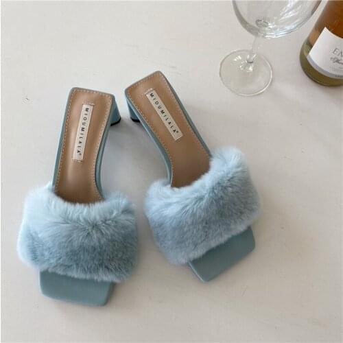 Fashion Mules Heels Women Feather Slippers Ladies High Heels Furry Sandals Square Toe Non-slip Summer Outdoor Slides Flip Flop