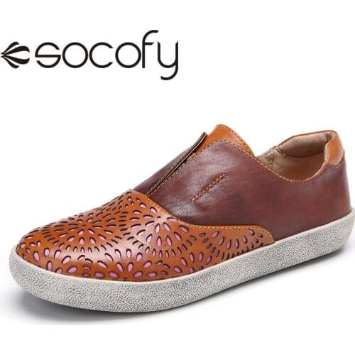 SOCOFY Womens Retro Style Leather Shoes Hollow Out Stitching Round Toe Slip On Flat Female Casual Outdoor Sneakers 2020
