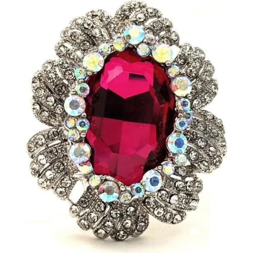 Nature Inspiration AB Crystal Accent Oval Shaped Flower Hot Pink Green Red Stone Women Brooches and Pins Vintage Costume Jewelry