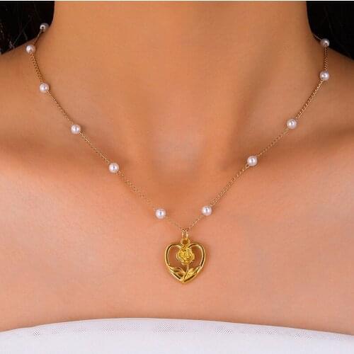 Find Me Creative Heart Rose Pendant Imitation Pearl Chain Splicing Necklace For Women Fashion Jewelry Accessories