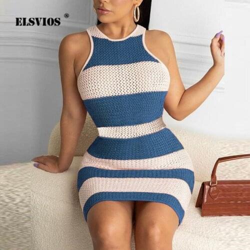 2021 Autumn Winter Stripe Knitted Dress Women Elegant O Neck Sleeveless Sexy Mini Dress Lady Slim Bodycon Party Dresses Vestidos