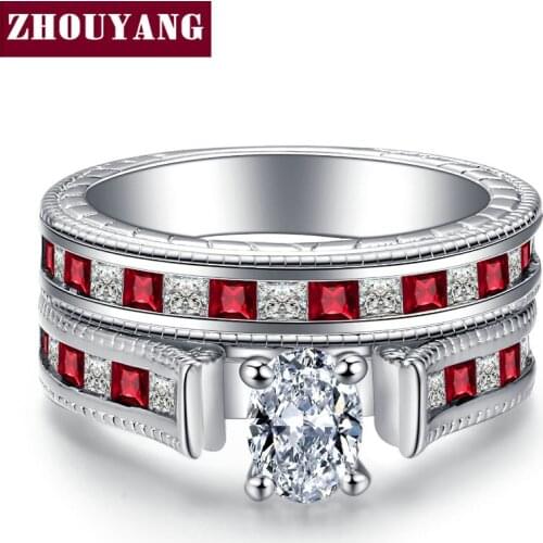 ZHOUYANG Ring Sets For Women Oval Cubic Zirconia Blue Red Crystal Silver Color 2 PCS Party Gift Fashion Jewelry YG033 YG034