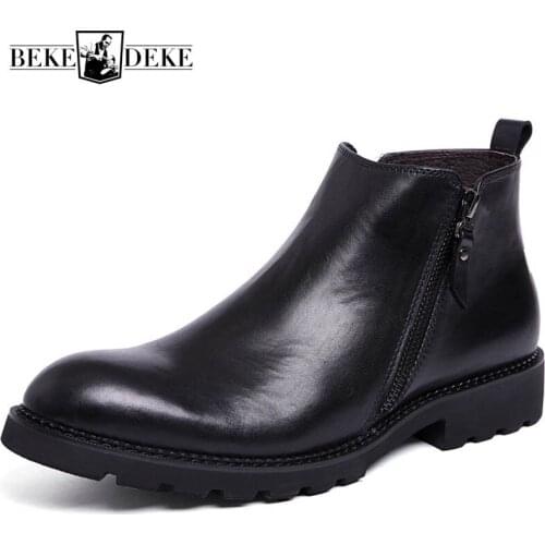Winter Fleece Lining Warm Mens Ankle Boots Zipper British Real Cow Leather Knight Boots Black Business Man Formal Shoes Footwear