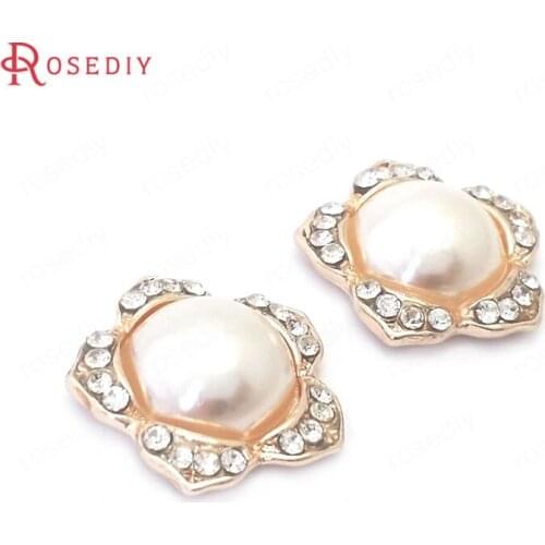 38852)10PCS Champagne Gold Color Zinc Alloy and Rhinestones with Plastic Pearl Beads Flower Jewelry Making Diy Accessories