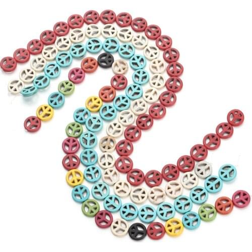 40cm/pc Colorful Natural Turquoises Bead 15mm Round Hollow Out Peace Sign Space Charm Stone Beads for DIY Jewelry Making