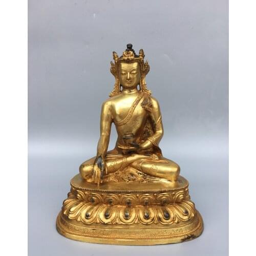 9"Tibet temple Old Bronze Gilt Tara Bodhisattva Statue sit Buddha Amitabha Enshrine the Buddha