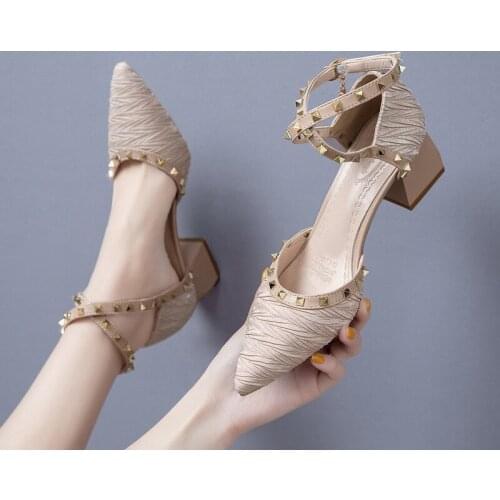 Pointed High Heels Women Thick Heel Women Sandals Rivet Fashion Women High Heel Single Shoes Summer Women High Heeled Sandals