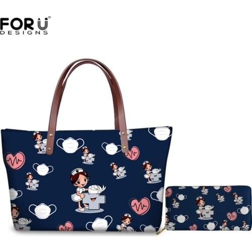 FORUDESIGNS Black Women Handbags&Wallets Cartoon Nurse Heartbeat Design Luxury Shoulder Shopping Bags Ladies Long Leather Wallet