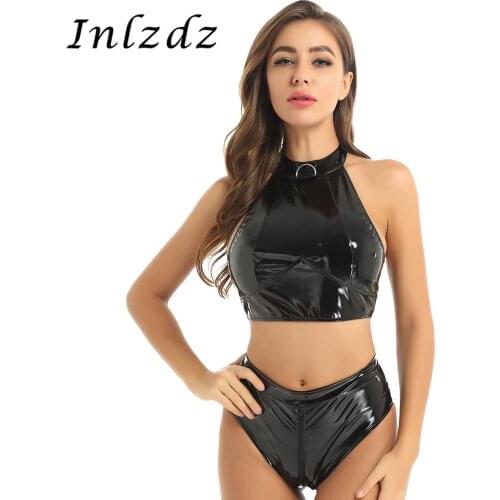 Womens Leather Latex Lingerie Set Wet Look Halter Neck Sex Suit Sleeveless Crop Top with High Cut Zippered Crotch Briefs Bottom