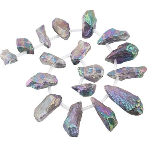 TUMBEELLUWA Rainbow Titanium Coated Crystal Quartz Point Beads,Raw Nugget Top Drilled Healing Crystal 15" Strand