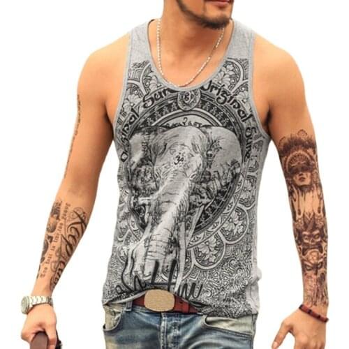Summer Men Fashion Sleeveless Elephant Print O Neck Tank Tops Fitness Loose Vests Hip Hop Undershirts Casual Streetwear