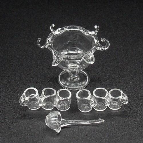 Odoria 1:12 Miniature Glass Cocktail Punch Bowl & 1 Spoon and 6 Cups Tableware Beer Mug Kitchen Set Doll House Accessories Decor