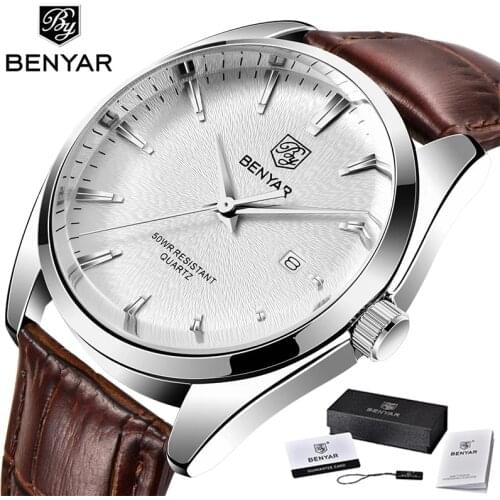 2021 BENYAR Design Mens Quartz Watch Top Brand Luxury Watch Mens Fashion Leather Strap Waterproof Calendar Military Wristwatch