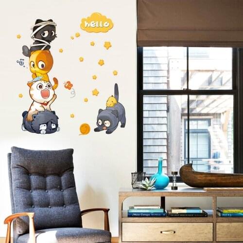 Cartoon Cat Wardrobe Wall Sticker Bedroom Refrigerator Door And Window Sticker Background Decoration Removable Sticker
