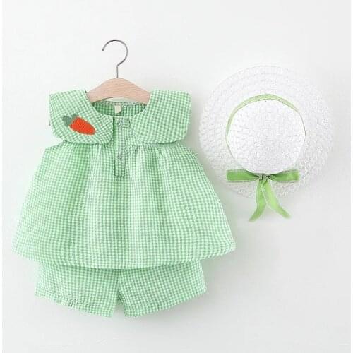 New Summer Baby Girl Clothes Cotton Plaid Tops+Short Pants +Hat 3 Piece Outfits Childrens Clothing Infants Costume