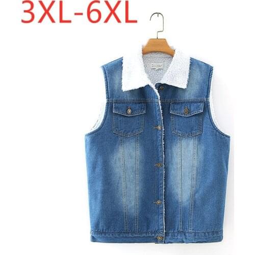 New ladies autumn winter plus size vest tops for women large sleeveless loose pocket velvet blue denim vest coat 3XL 4XL 5XL 6XL