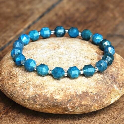 8MM Faceted Apatite Natural Stone Beaded Strand Bracelet Women Men Fashion Bracelet Friendship Handmade DIYJewelry
