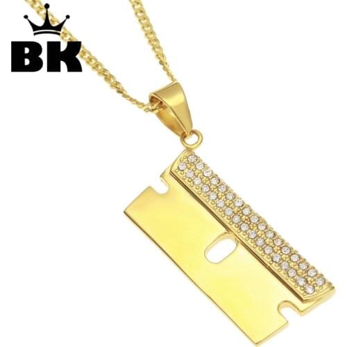 Stainless Steel Gold Color Hip Hop Razor Blade Pendant Necklace Ice Out Rhinestone Mens Charm Jewelry 3mm*24inch Cuban Chain