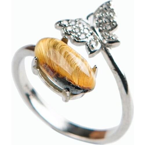 Adjustable Genuine Natural Yellow Gold Rutilated Quartz Fashion 925 Sterling Silver Anniversary Ring