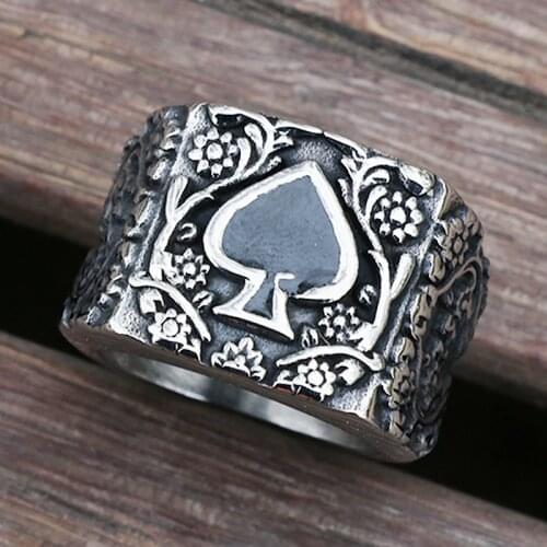 Luxury Stainless Steel Carving Flowers Spades Ring Men Women Goth Punk Ring Heavy Metal Lucky Spades Ring Size 7-15