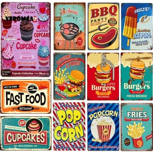 Shabby Chic Bbq Fast Food Hamburger Vintage Metal Tin Signs Cupcake Pop Corn Hot Dog Wall Stickers Home Shop Garden Decoration