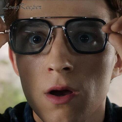 LongKeeper Tony Stark Iron Man Sunglasses Men Vintage Brand Square Flat Top Glasses Women Metal Goggles Oculos de sol UV400