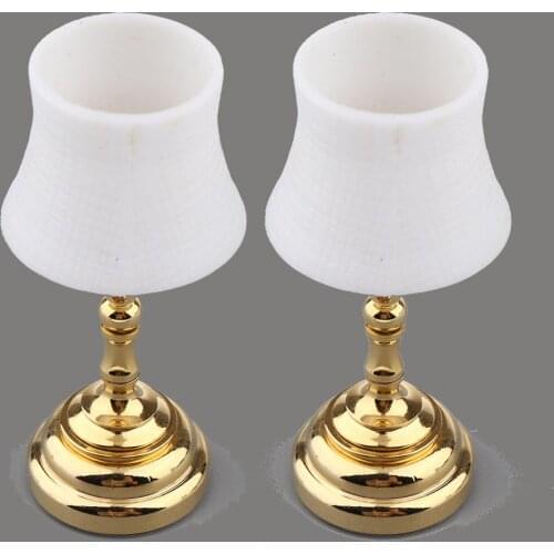 2pcs/Set 1:12 Scale Dollhouse Battery Operated LED Desk Lamp Miniature Lights Model, Golden Base with White Lampshade