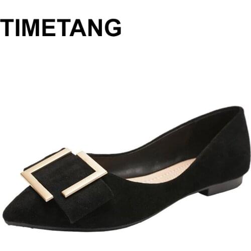 TIMETANGplus casual pointed toe flat shoes woman autumn metal buckle bow soft sole shallow flock loafers comfy breathable egg ro