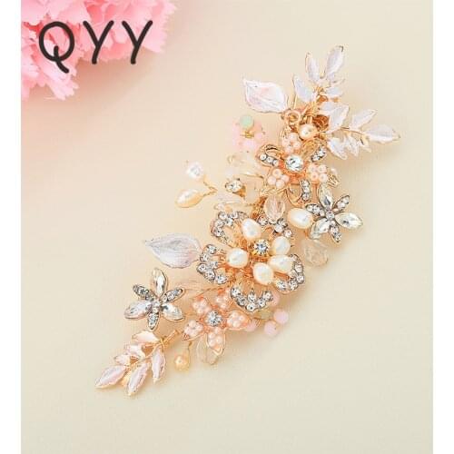 QYY Vintage Flower Bridal Hair Clips Freshwater Pearls Handmade Crystal Wedding Hair Ornaments Jewelry Accessories for Women