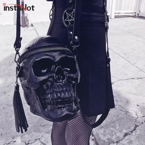 InstaHot Skulls Shoulder Bag Solid Gothic High Street Retro Leather Hand bags Tassel Female Chic Punk 3D Skulls Novelty Bag