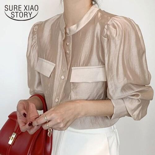 Autumn Fashion Korea Casual Vintage Puff Sleeve Stand Collar Single Breasted Blouse Women Thin Pockets Solid Shirt Tops 12365