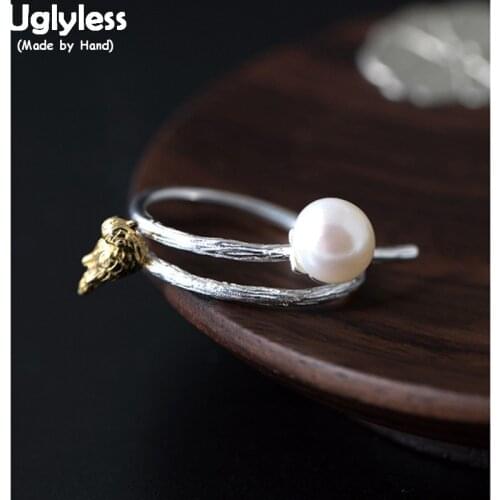 Uglyless 100% Real Solid 925 Sterling Silver Bird Personalized Rings for Women Natural Pearl Open Rings Exaggerated Wild Jewelry