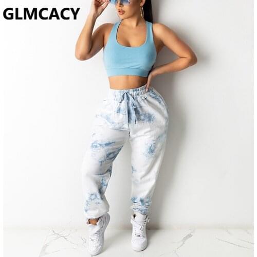 Women Casual Drawstring Pants Tie Dye Printed Slim Jogger Trousers